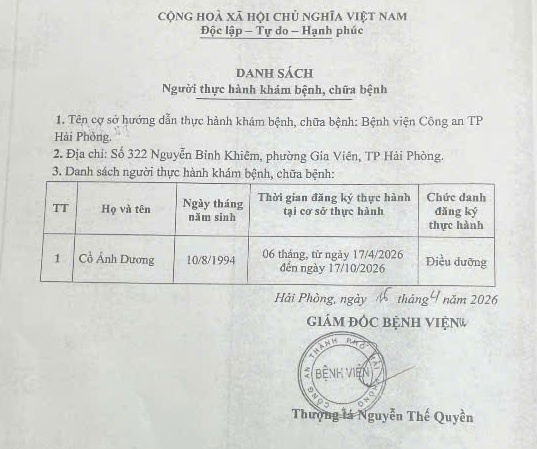 BỆNH VIỆN CÔNG AN TP. HẢI PHÒNG THÔNG BÁO DANH SÁCH ĐĂNG KÝ THỰC HÀNH KHÁM BỆNH, CHỮA BỆNH